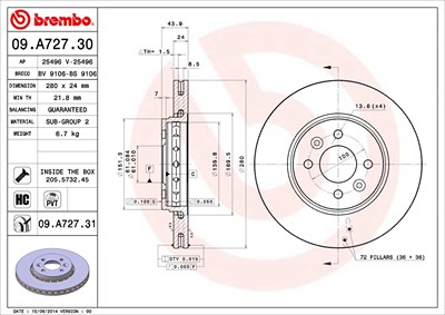 Brembo Bremsscheibe [Hersteller-Nr. 09.A727.31] für Dacia, Renault von BREMBO