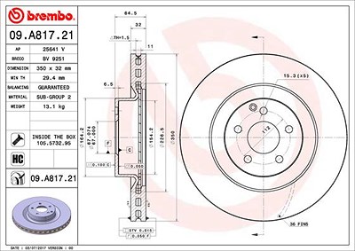 Brembo 1x Bremsscheibe [Hersteller-Nr. 09.A817.21] für Mercedes-Benz von BREMBO