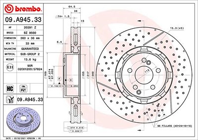 Brembo 1x Bremsscheibe [Hersteller-Nr. 09.A945.33] für Mercedes-Benz von BREMBO