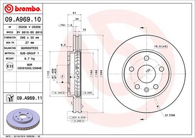 Brembo 1x Bremsscheibe [Hersteller-Nr. 09.A969.11] für Chevrolet, Opel, Saab von BREMBO