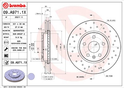 Brembo 1x Bremsscheibe [Hersteller-Nr. 09.A971.1X] für Opel, Saab, Chevrolet von BREMBO