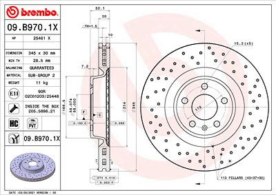 Brembo 1x Bremsscheibe [Hersteller-Nr. 09.B970.1X] für Audi, Porsche von BREMBO