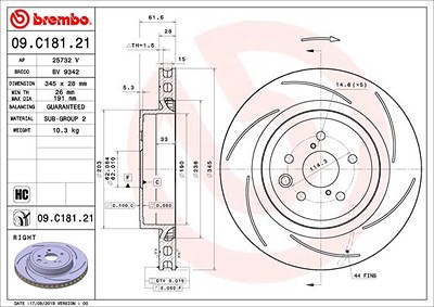 Brembo 1x Bremsscheibe [Hersteller-Nr. 09.C181.21] für Lexus von BREMBO