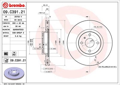 Brembo Bremsscheibe [Hersteller-Nr. 09.C391.21] für Abarth, Fiat, Mazda von BREMBO