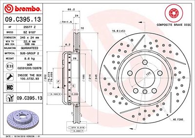 Brembo 1x Bremsscheibe [Hersteller-Nr. 09.C395.13] für BMW von BREMBO