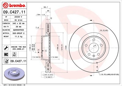 Brembo 1x Bremsscheibe [Hersteller-Nr. 09.C427.11] für Audi von BREMBO