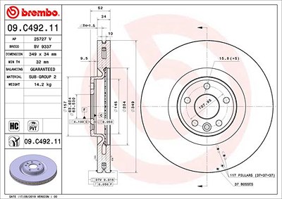 Brembo 1x Bremsscheibe [Hersteller-Nr. 09.C492.11] für Jaguar, Land Rover von BREMBO