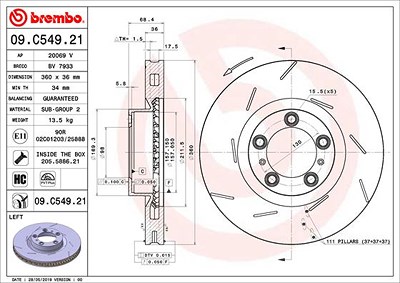 Brembo 1x Bremsscheibe belüftet vorne links [Hersteller-Nr. 09.C549.21] für Porsche von BREMBO