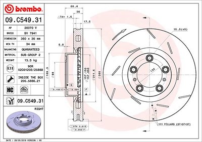 Brembo 1x Bremsscheibe belüftet vorne rechts [Hersteller-Nr. 09.C549.31] für Porsche von BREMBO