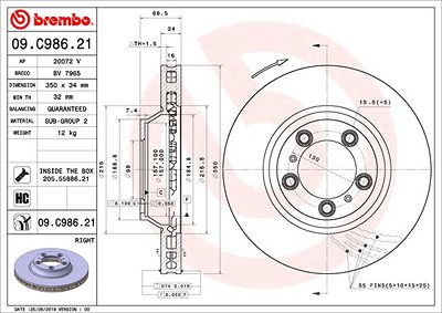 Brembo 1x Bremsscheibe belüftet vorne rechts [Hersteller-Nr. 09.C986.21] für Porsche von BREMBO