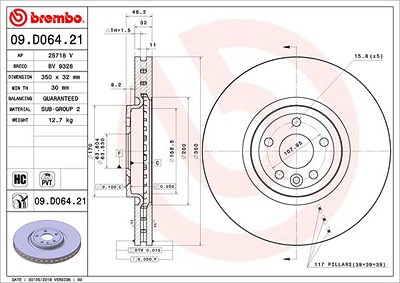 Brembo 1x Bremsscheibe [Hersteller-Nr. 09.D064.21] für Jaguar, Land Rover von BREMBO