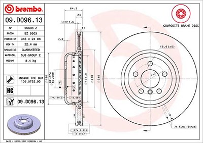 Brembo 1x Bremsscheibe [Hersteller-Nr. 09.D096.13] für BMW von BREMBO