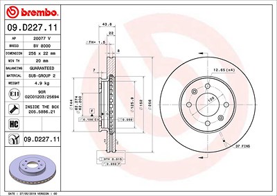 Brembo Bremsscheibe [Hersteller-Nr. 09.D227.11] für Hyundai, Kia von BREMBO