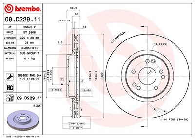 Brembo 1x Bremsscheibe belüftet vorne rechts [Hersteller-Nr. 09.D229.11] für Mercedes-Benz von BREMBO