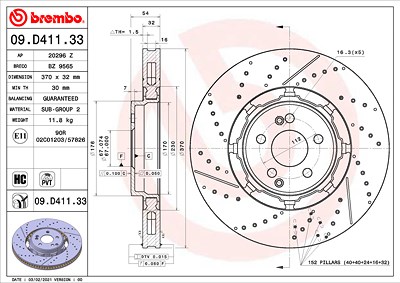 Brembo 1x Bremsscheibe [Hersteller-Nr. 09.D411.33] für Mercedes-Benz von BREMBO