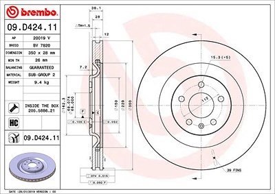 Brembo 1x Bremsscheibe [Hersteller-Nr. 09.D424.11] für Audi von BREMBO