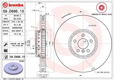 Brembo 1x Bremsscheibe [Hersteller-Nr. 09.D896.13] für BMW von BREMBO