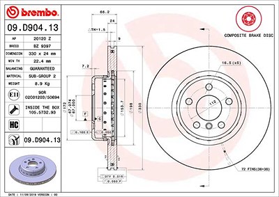 Brembo 1x Bremsscheibe [Hersteller-Nr. 09.D904.13] für BMW, Toyota von BREMBO