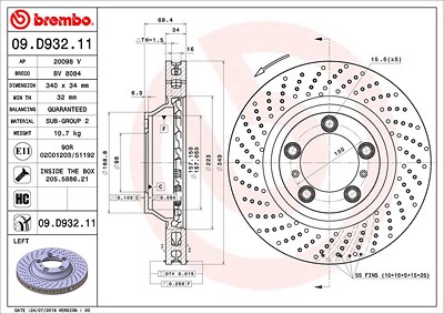 Brembo 1x Bremsscheibe belüftet vorne links [Hersteller-Nr. 09.D932.11] für Porsche von BREMBO