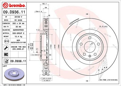 Brembo 1x Bremsscheibe belüftet vorne links [Hersteller-Nr. 09.D936.11] für Porsche von BREMBO