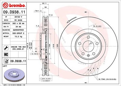 Brembo 1x Bremsscheibe belüftet vorne links [Hersteller-Nr. 09.D938.11] für Porsche von BREMBO