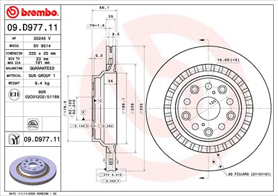 Brembo 1x Bremsscheibe [Hersteller-Nr. 09.D977.11] für Lexus, Toyota von BREMBO