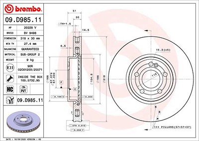 Brembo 1x Bremsscheibe [Hersteller-Nr. 09.D985.11] für Mercedes-Benz von BREMBO