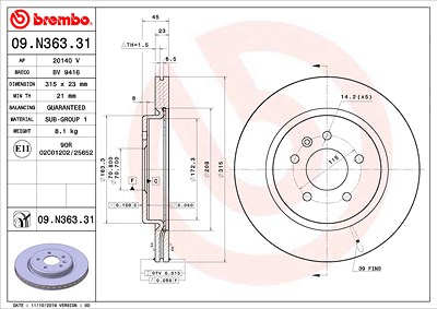 Brembo 1x Bremsscheibe [Hersteller-Nr. 09.N363.31] für Opel von BREMBO