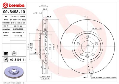 Brembo 1x Bremsscheibe Vorderachse Belüftet [Hersteller-Nr. 09.B498.11] für VW von BREMBO