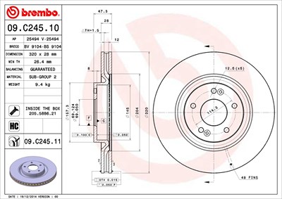 Brembo 1x Bremsscheibe Vorderachse belüftet [Hersteller-Nr. 09.C245.11] für Hyundai, Kia von BREMBO