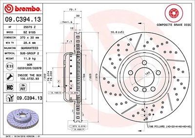 Brembo 1x Bremsscheibe belüftet vorne [Hersteller-Nr. 09.C394.13] für BMW von BREMBO