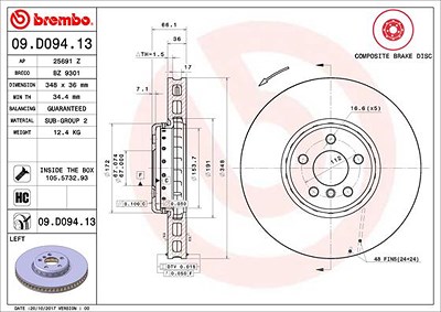 Brembo 1x Bremsscheibe belüftet vorne links [Hersteller-Nr. 09.D094.13] für BMW von BREMBO