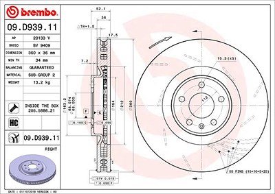 Brembo 1x Bremsscheibe belüftet vorne rechts [Hersteller-Nr. 09.D939.11] für Porsche von BREMBO