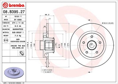 Brembo 1x Bremsscheibe mit Radlager Voll Hinterachse [Hersteller-Nr. 08.B395.27] für Mercedes-Benz, Renault von BREMBO