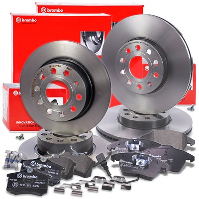 Brembo Bremsscheiben +Bremsbeläge vorne+hinten für Audi, Seat, Skoda, VW von BREMBO