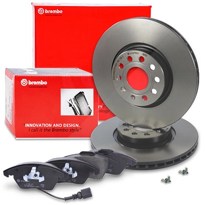 Brembo Bremsscheiben + Bremsbeläge mit VWK vorne für Audi, Seat, Skoda, VW von BREMBO