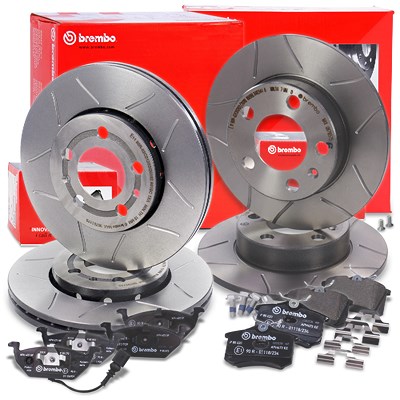 Brembo Bremsscheiben +Bremsbeläge vorne+hinten für Audi, Seat, Skoda, VW von BREMBO