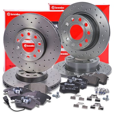 Brembo Bremsscheiben +Bremsbeläge vorne+hinten für Audi, Seat, Skoda, VW von BREMBO