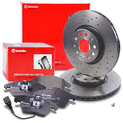 Brembo Bremsscheiben XTRA+Bremsbeläge Vorne für Audi, Seat, Skoda, VW von BREMBO