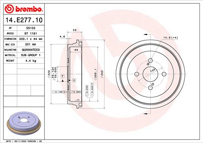 Brembo 1x Bremstrommel [Hersteller-Nr. 14.E277.10] für Toyota von BREMBO