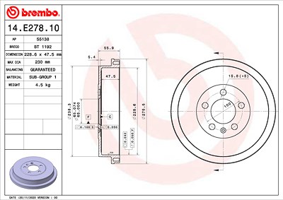 Brembo 1x Bremstrommel [Hersteller-Nr. 14.E278.10] für VW, Skoda von BREMBO