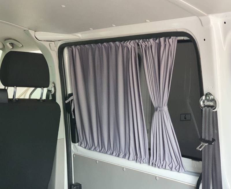 BREMER SITZBEZÜGE Maß Gardinen Vorhänge Sonnenschutz kompatibel mit VW T5 T6 T6.1 Transporter Caravelle Kurzer Radstand nur für Schiebetür gegenüber und Heckklappe 3 Fenster Set in Grau Camping 716-1 von BREMER SITZBEZÜGE