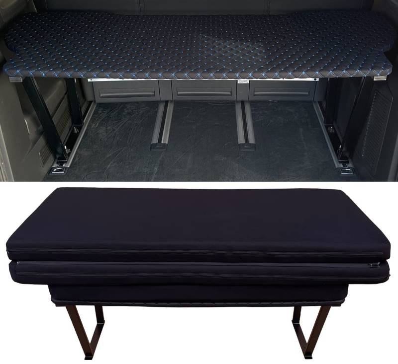 BREMER SITZBEZÜGE Multiflexboard kompatibel mit VW T5 T6 T6.1 Multivan Bettverlängerung Camper Schlafauflage Höhe 51cm inkl. Konsolen & Klappmatratze Schwarz Gestepptes Muster Blau MF406 von BREMER SITZBEZÜGE