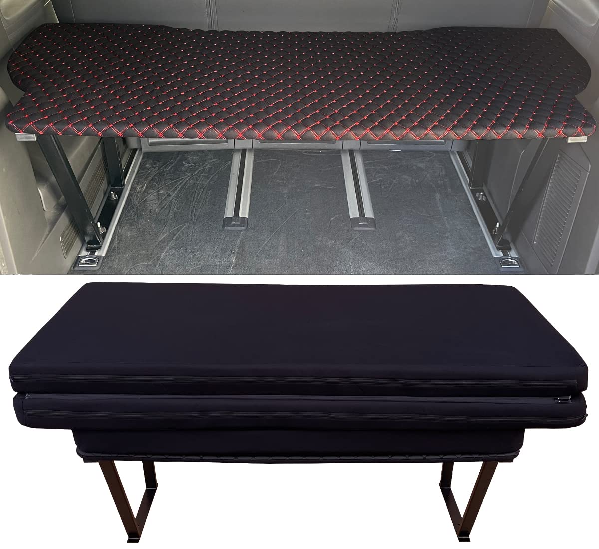 BREMER SITZBEZÜGE Multiflexboard kompatibel mit VW T5 T6 T6.1 Multivan Bettverlängerung Camper Schlafauflage Höhe 51cm inkl. Konsolen & Klappmatratze Schwarz Gestepptes Muster MF402 von BREMER SITZBEZÜGE