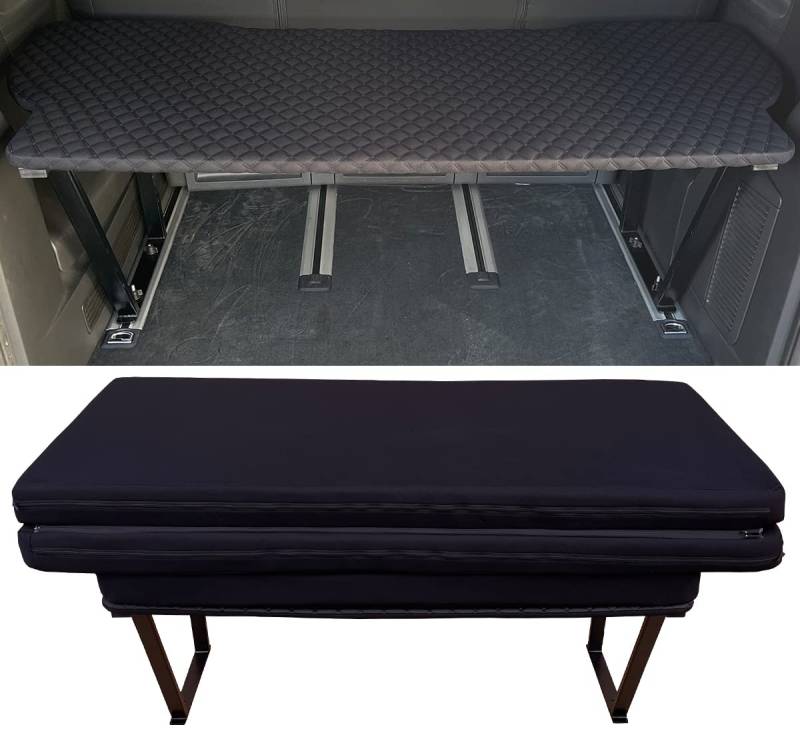 BREMER SITZBEZÜGE Multiflexboard kompatibel mit VW T5 T6 T6.1 Multivan Bettverlängerung Camper Schlafauflage Höhe 51cm inkl. Konsolen & Klappmatratze Schwarz Gestepptes Muster MF404 von BREMER SITZBEZÜGE