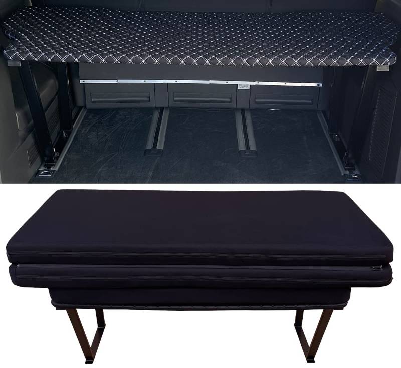 BREMER SITZBEZÜGE Multiflexboard kompatibel mit VW T5 T6 T6.1 Multivan Bettverlängerung Camper Schlafauflage Höhe 51cm inkl. Konsolen & Klappmatratze Schwarz Gestepptes Muster Weiß MF408 von BREMER SITZBEZÜGE