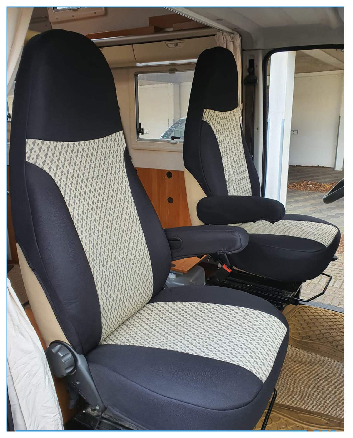 Maß Sitzbezüge Schonbezüge Pilotsitze Fahrer & Beifahrer Set kompatibel mit Wohnmobil FIAT Ducato 812 Schwarz/Beige von BREMER SITZBEZÜGE