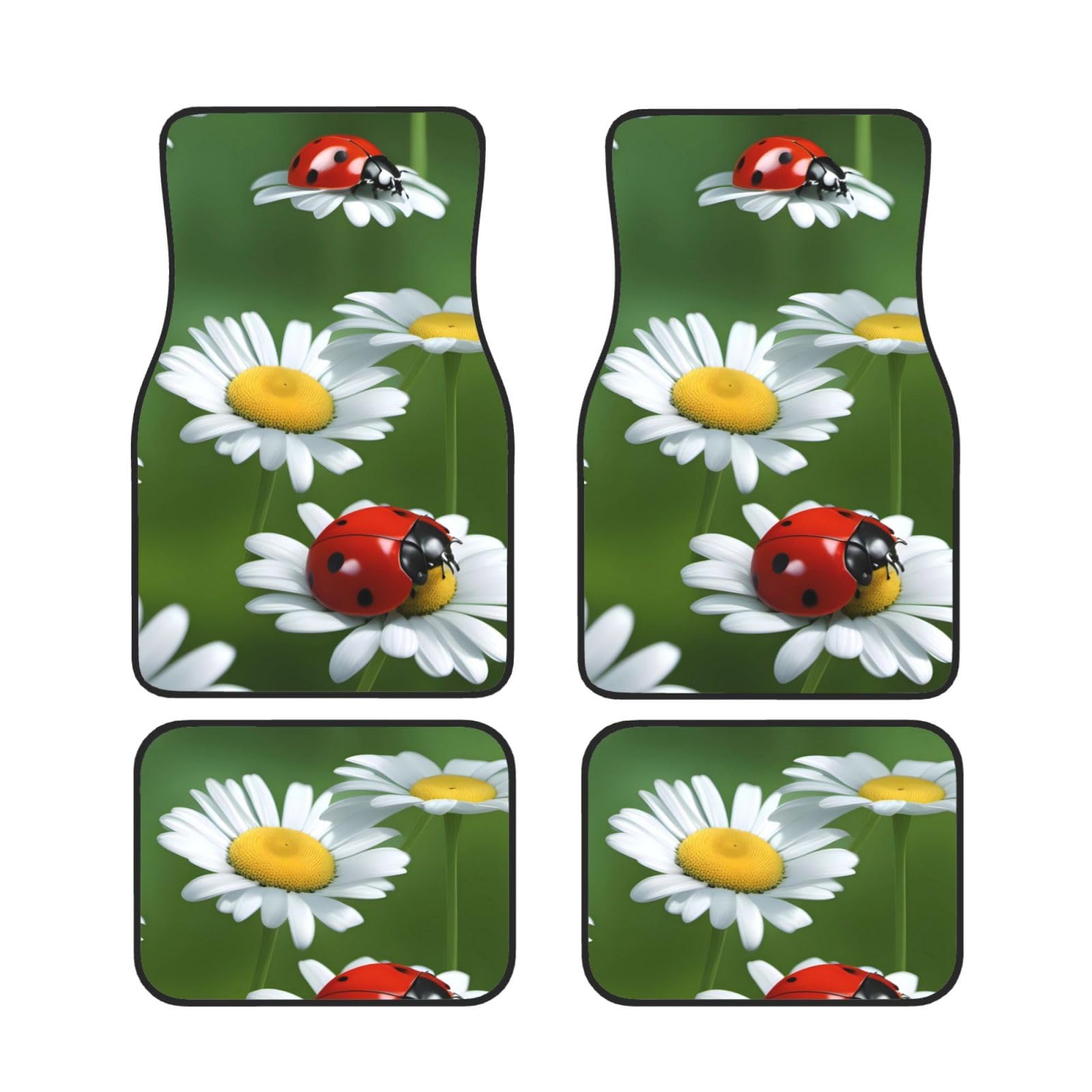 BROLEO Auto Fußmatten Set 4-teilig - Neopren Allwetter Full Set Fußmatten für PKW LKW SUV Marienkäfer auf Gänseblümchen Blume Bild von BROLEO