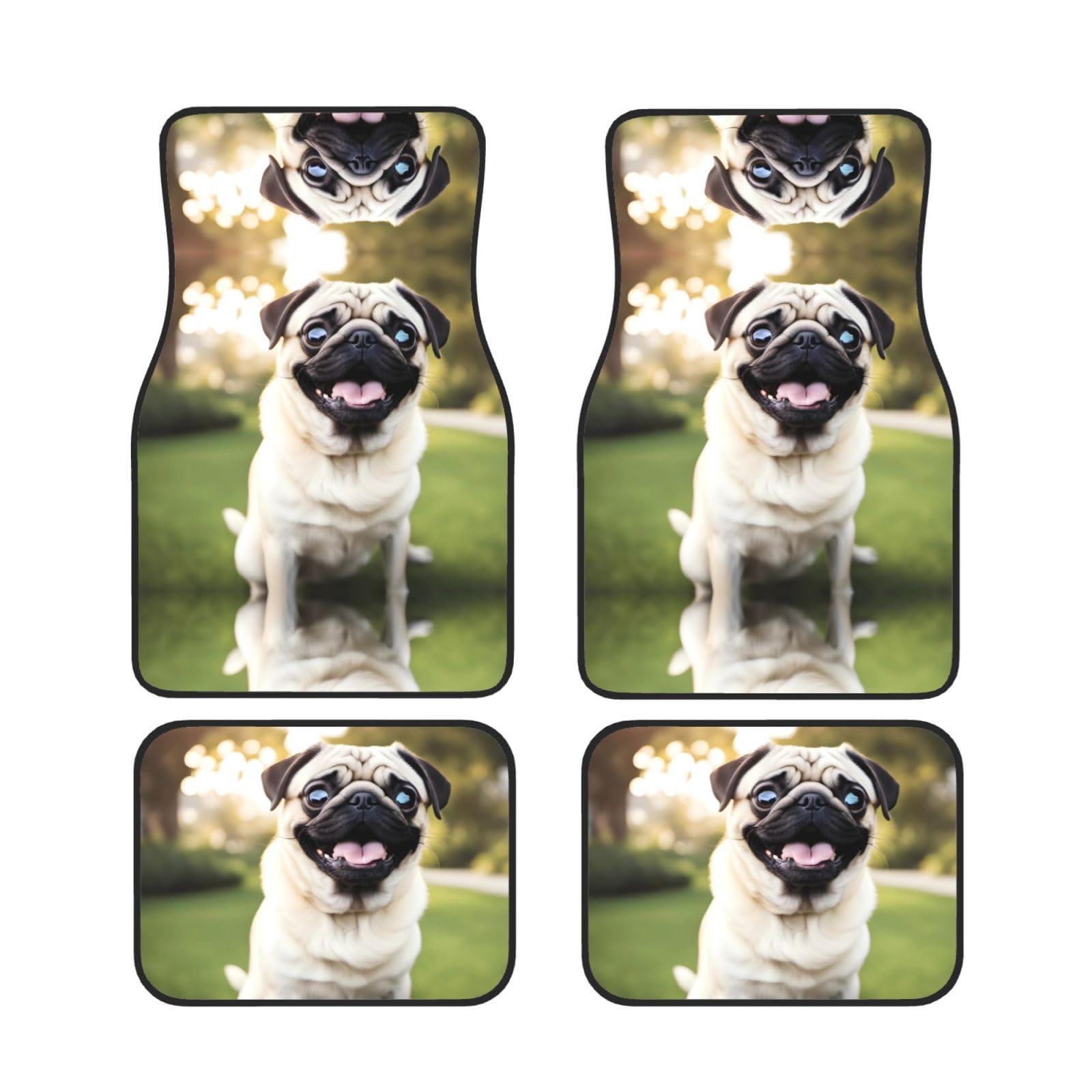 BROLEO Auto Fußmatten Set 4-teilig - Neopren Allwetter Vollständiges Set Fußmatten für Auto LKW SUV Lustiges Happy Pug Hund Bild von BROLEO