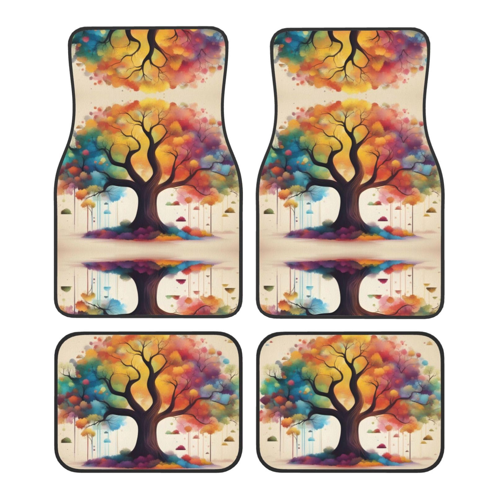 BROLEO Colorful Life Trees Prints Automatten, 4er-Set, für alle Autos, leicht zu reinigen, rutschfest, verschönert den Innenraum, schützt Autos von BROLEO